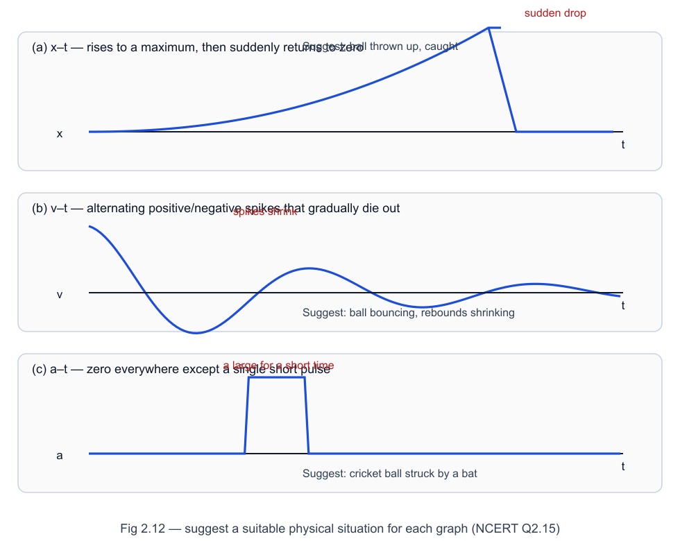 Fig 2.12 — suggest a physical situation for each graph: (a) a ball thrown up and caught on its return, (b) a ball bouncing with shrinking rebounds, (c) a short, large acceleration during impact (NCERT Q2.15).