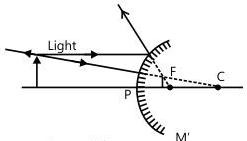 A concave (converging) mirror and a convex (diverging) mirror, showing pole P, centre of curvature C, focus F and the principal axis.